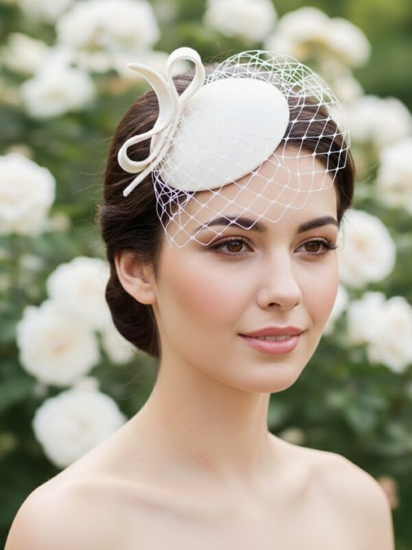 mały elegancki toczek śluby z woalką i zawijasem
