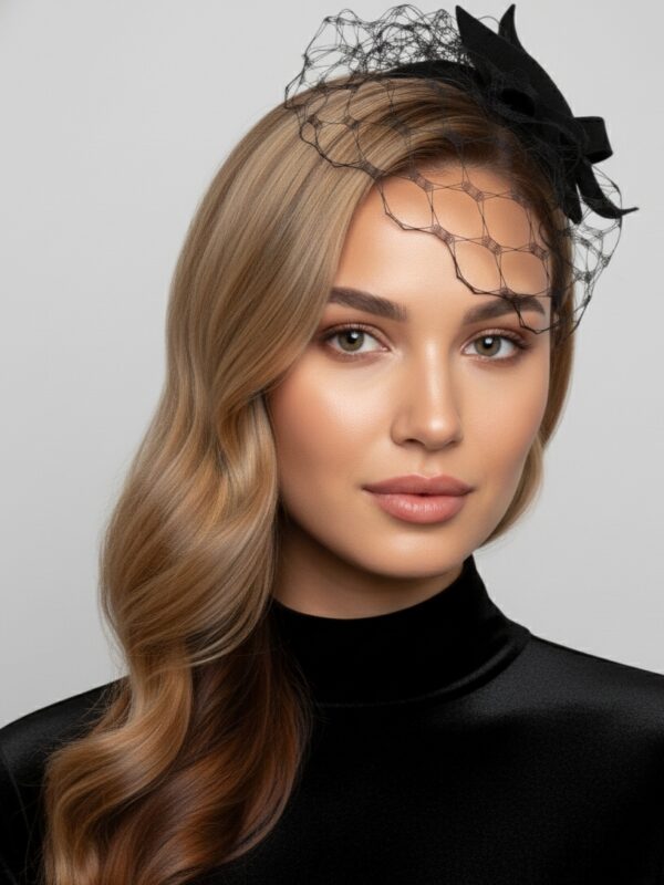 czarny elegancki toczek z woalką na opasce