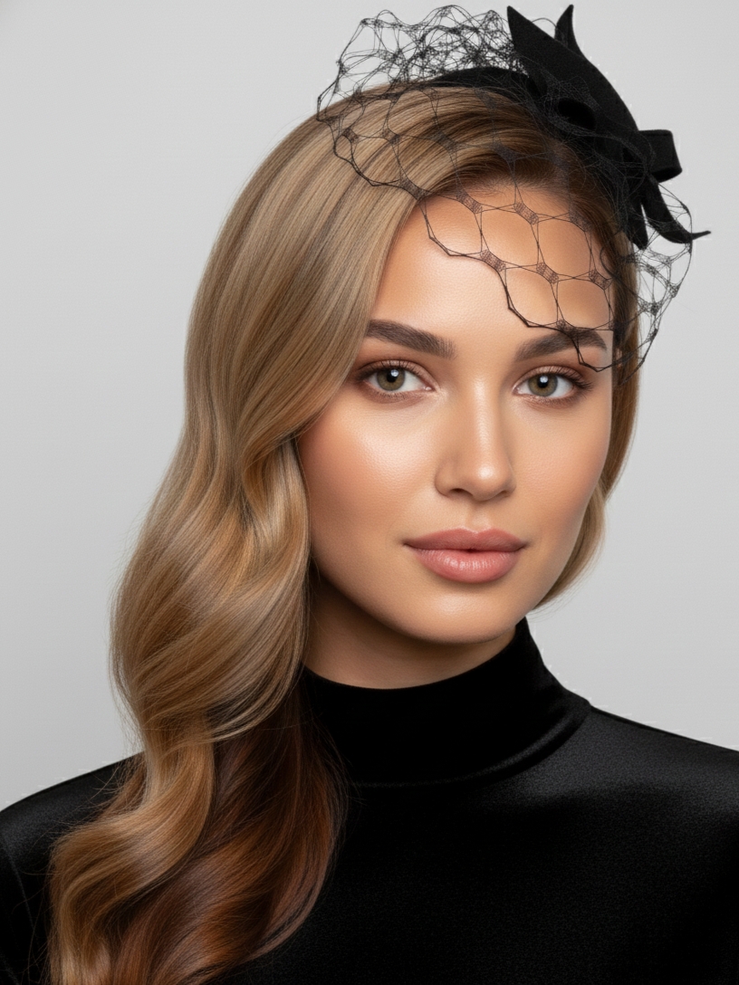 czarny elegancki toczek z woalką na opasce