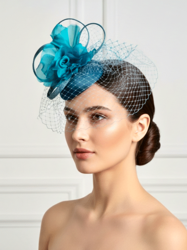 turkusowy fascynator do włosów z woalką i kwiatem
