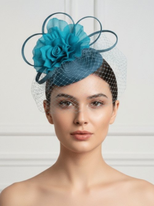 turkusowy toczek okolicznościowy z woalką turkusowy przestrzenny fascynator z woalką