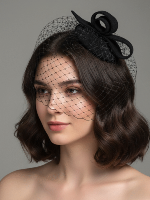 elegancki czarny toczek pogrzebowy z woalką Czarny elegancki toczek z woalką i zawijasem Stacy